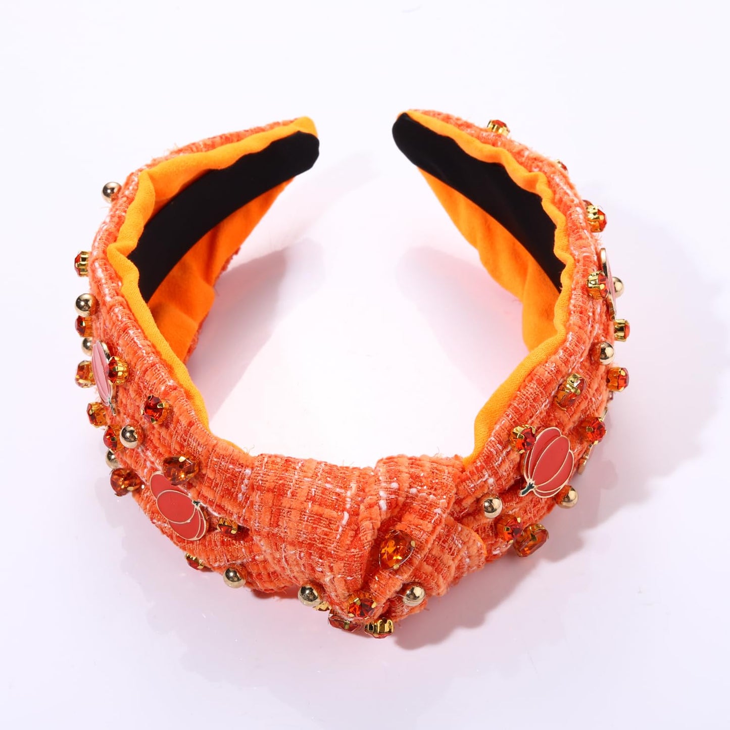 JERTOCLE Thanksgiving Headband Fall Headband for Women Enamel Pumpkin Crystal Knotted Headband Jeweled Tweed Top Knot Headband Autumn Ooutfit Accessories (Pumpkin)