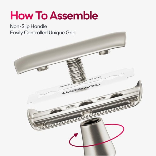 CAVEEM Double-Edge Safety Razor - Reusable Metal Razor with 5 Stainless Steel Blades | Silver Matte Finish