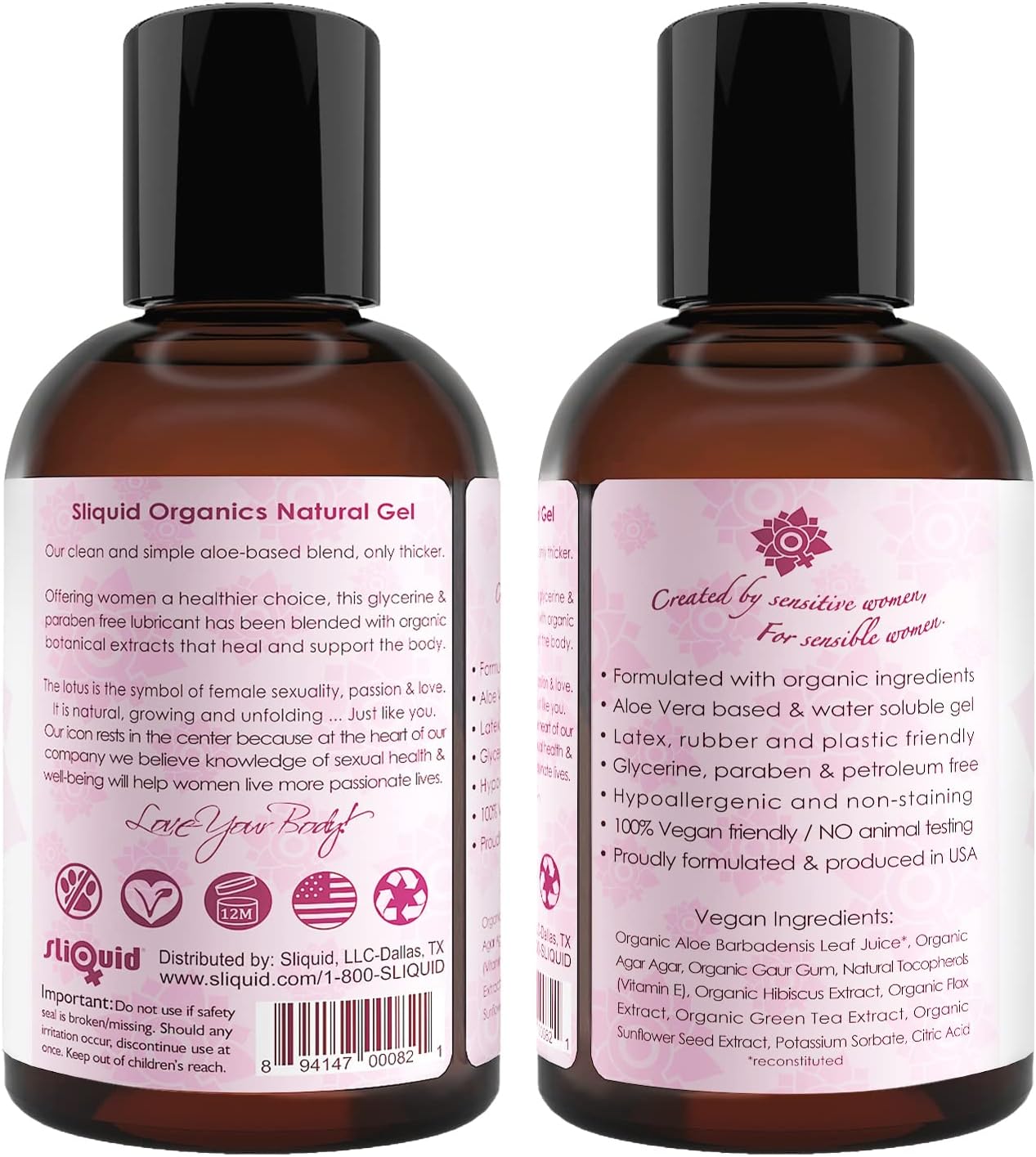 Sliquid Organics Water-Based Lubricant - Aloe Vera Infused, Natural Gel for Couples, Unscented, 4.2 Fl Oz