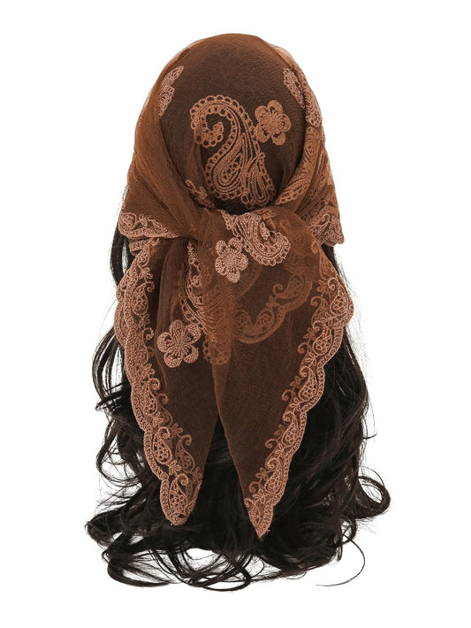 Floerns Women's Flower Embroidery Hair Scarf Headband Sheer Lace Hair Bandana Coffee Brown One-Size