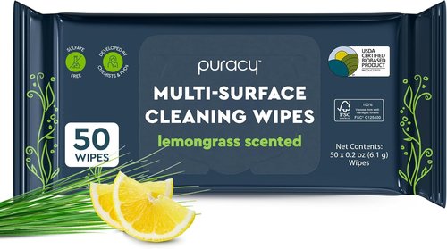 Puracy All-Purpose Cleaning Wipes - Non-Toxic Grease & Grime Cleaner | Lemongrass Scent (50 Count)