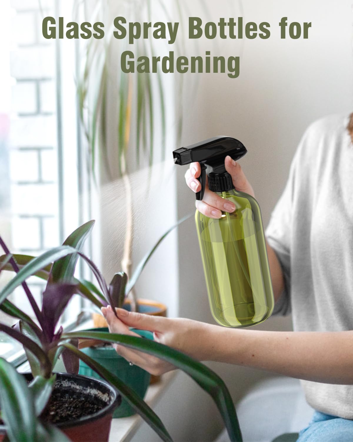 Glass Spray Bottle, Olive Green Glass Spray Bottle Set & Accessories for Non-toxic Window Cleaners Aromatherapy Facial Hydration Watering Flowers Hair Care (2 Pack/16 oz)