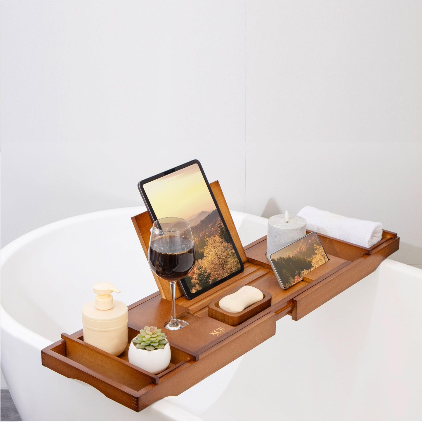 XcE Bathtub Caddy Tray Expandable to 105cm with Bamboo Book Stand and Soap Tray, Brown