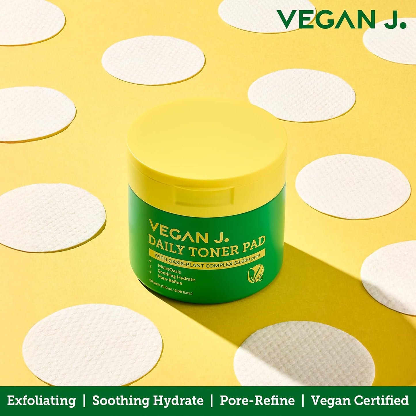 Vegan J Daily Toner Pads - Exfoliating & Hydrating | Oasis-Plant Complex 53,000ppm | 100% Cotton (60 Pads)
