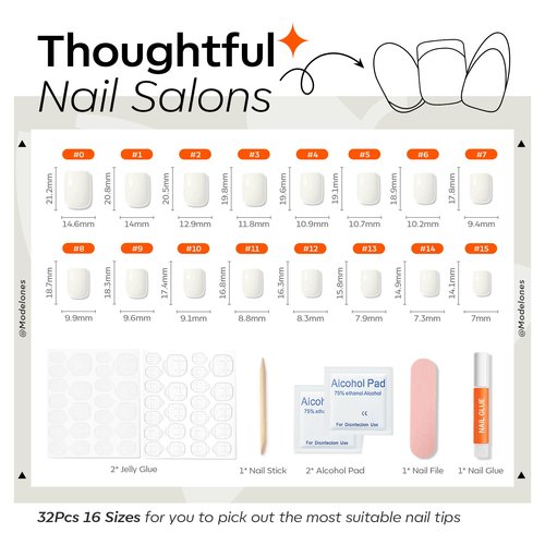 Modelones Milky White Press on Nails, Spring Short Square Fake Nails, Reusable Nail Kit with Nail Glue Adhesive Tabs Mini Nail File, Nails Press Ons 32Pcs16 Sizes, Women Girl Gift