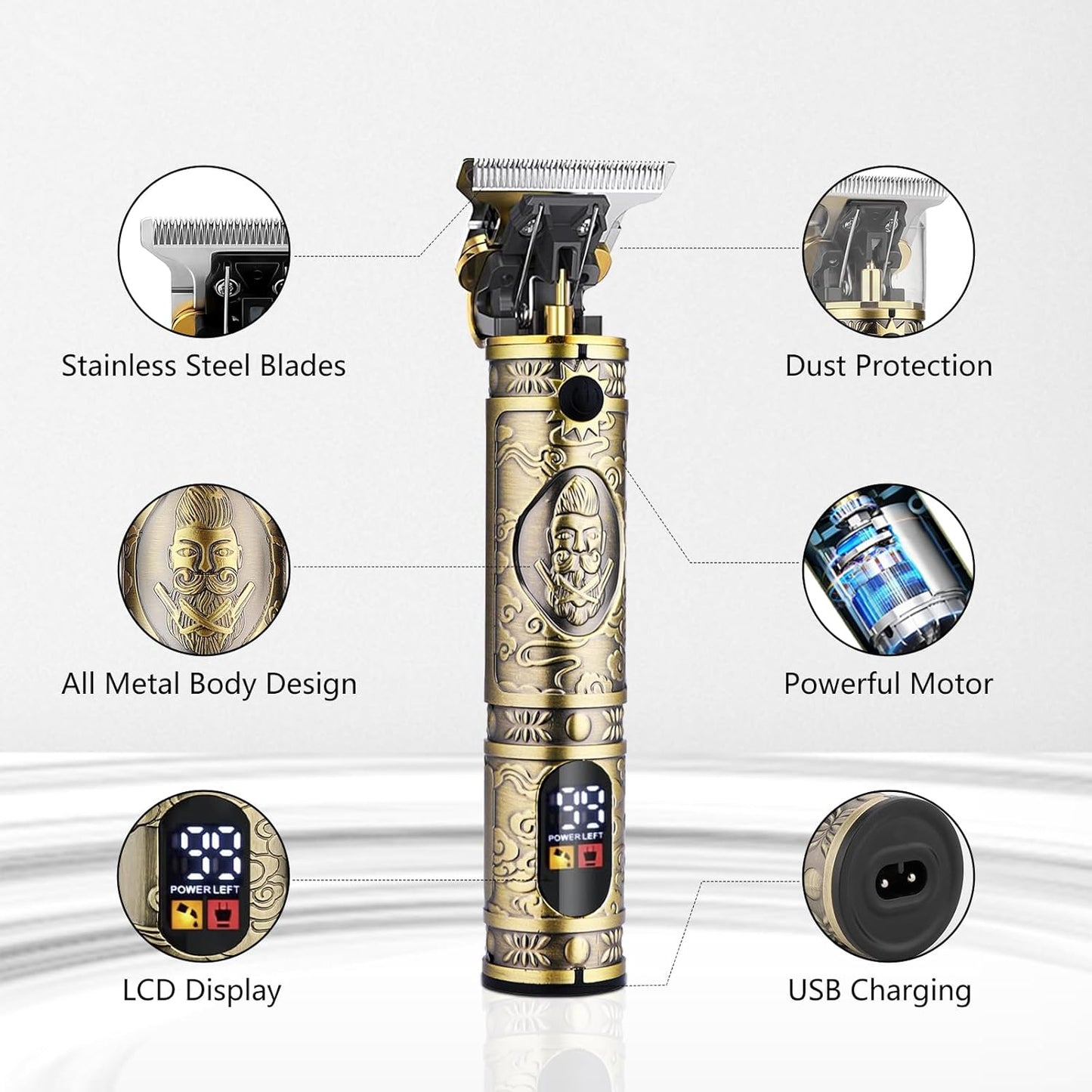 Soonsell Men's Professional Hair Clippers & Trimmer Set - T-Blade, Nose Trimmer, Foil Shaver, LCD Display (Bronze)