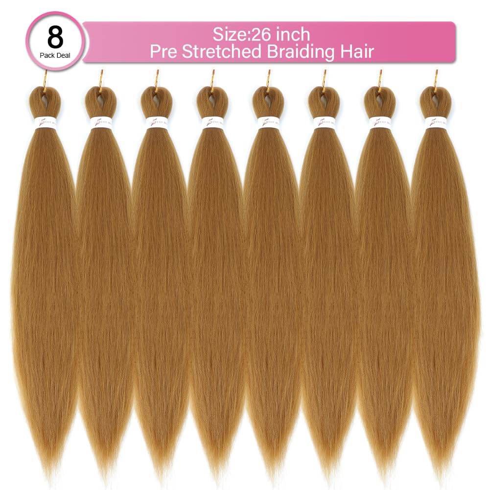 Braiding Hair Pre Stretched 26 Inch 8 Packs Honey Blonde Braiding Hair 27# Long Prestretched Braiding Hair Professional Synthetic Hair Yaki Texture Itch Free Hot Water Setting