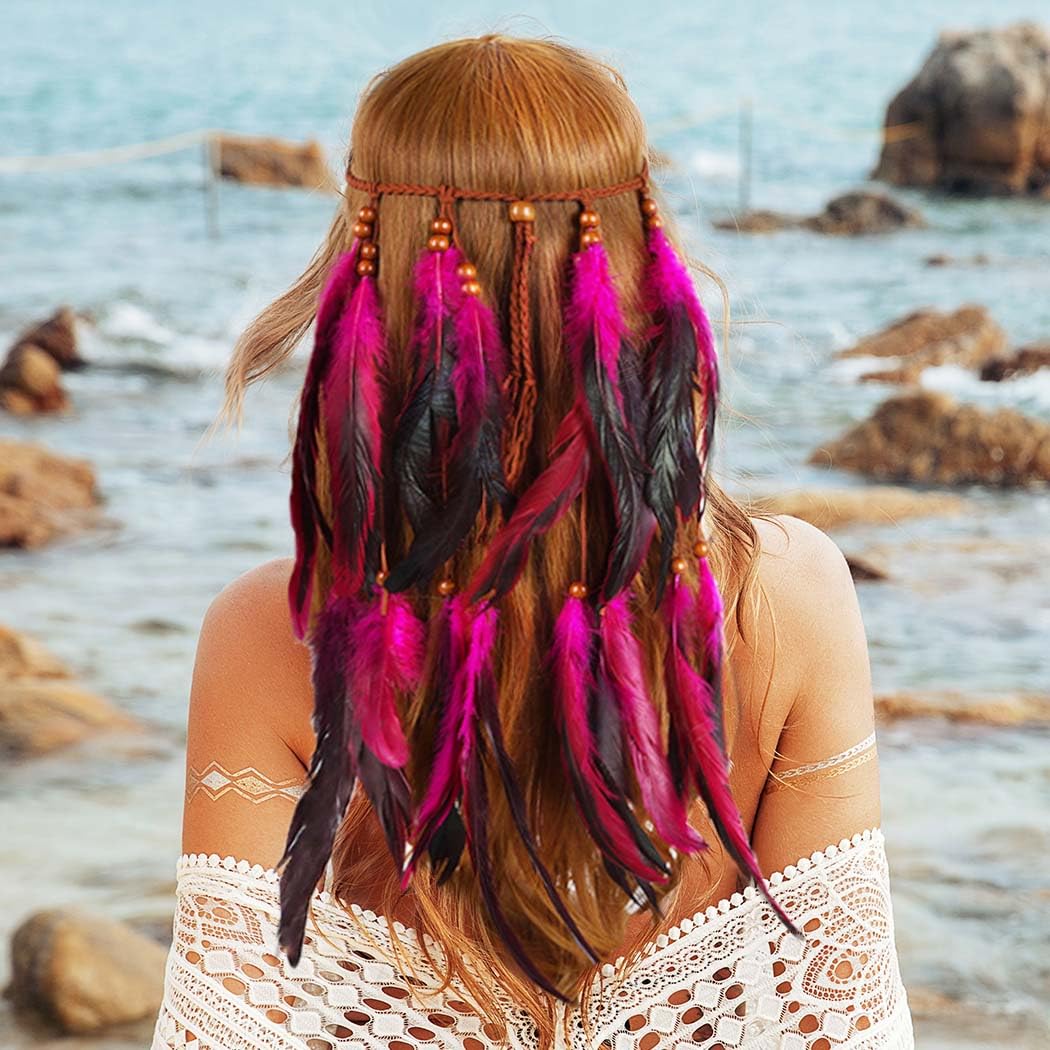 GORTIN Boho Feather Headband Hippie Headband Gypsy Feather Headpiece Indian Costume Headwear Hair Accessory for Women (D-Pink, One size)