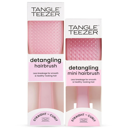 Tangle Teezer Ultimate Detangler Hairbrush Duo - Eliminates Knots & Reduces Breakage | Regular & Travel Size, Millennial Pink