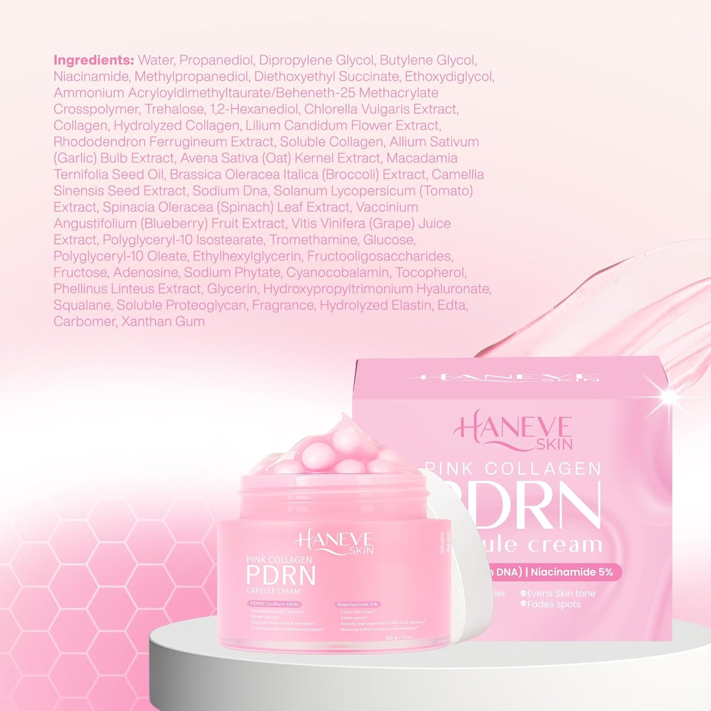Skiennix Pink Collagen PDRN Capsule Cream - Hydrating Face Moisturizer with Niacinamide & Collagen Capsules - 60g / 2 oz
