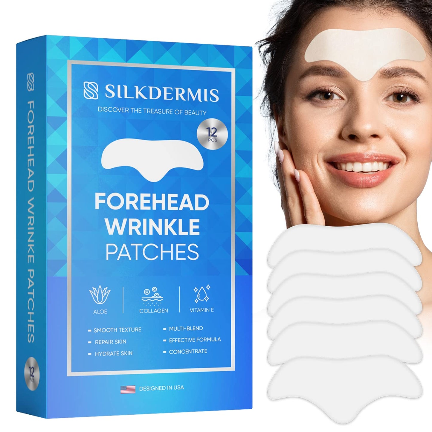 SILKDERMIS Forehead Wrinkle Patches with Aloe, Collagen, Vitamin E, Anti Wrinkle Patches, Forehead Wrinkles Treatment 12Pcs