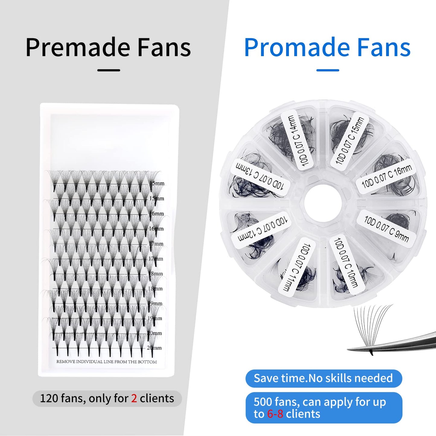 Premade Fans Eyelash Extension 500 Fans Handmade Loose Volume Lashes Mutiple Options 10D Pre-made Fans 0.07mm Thickness C/D Curl 9-16mm/13-20mm Volume Eyelash Extensions by WENDYLASHES