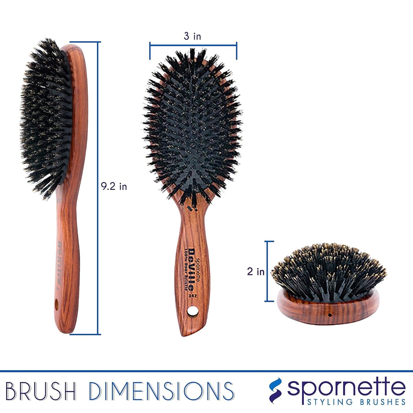 Spornette Deville Boar Bristle Paddle Hair Brush - Cushion Oval for Smoothing, Detangling & Blow Drying