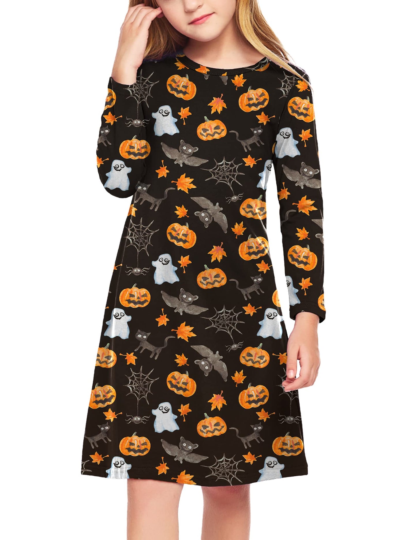 Arshiner Girls Halloween Dress Pumpkin Halloween Costume Dresses Long Sleeve A-Line Dresses for Girls 12-13 Years