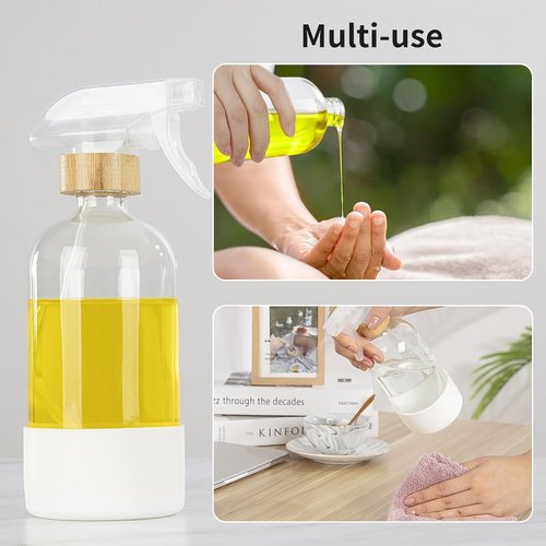HOMBYS Bamboo Glass Spray Bottles - Refillable 17 oz Clear Containers with Silicone Sleeve Protection | 3 Pack for Cleaning & Essential Oils