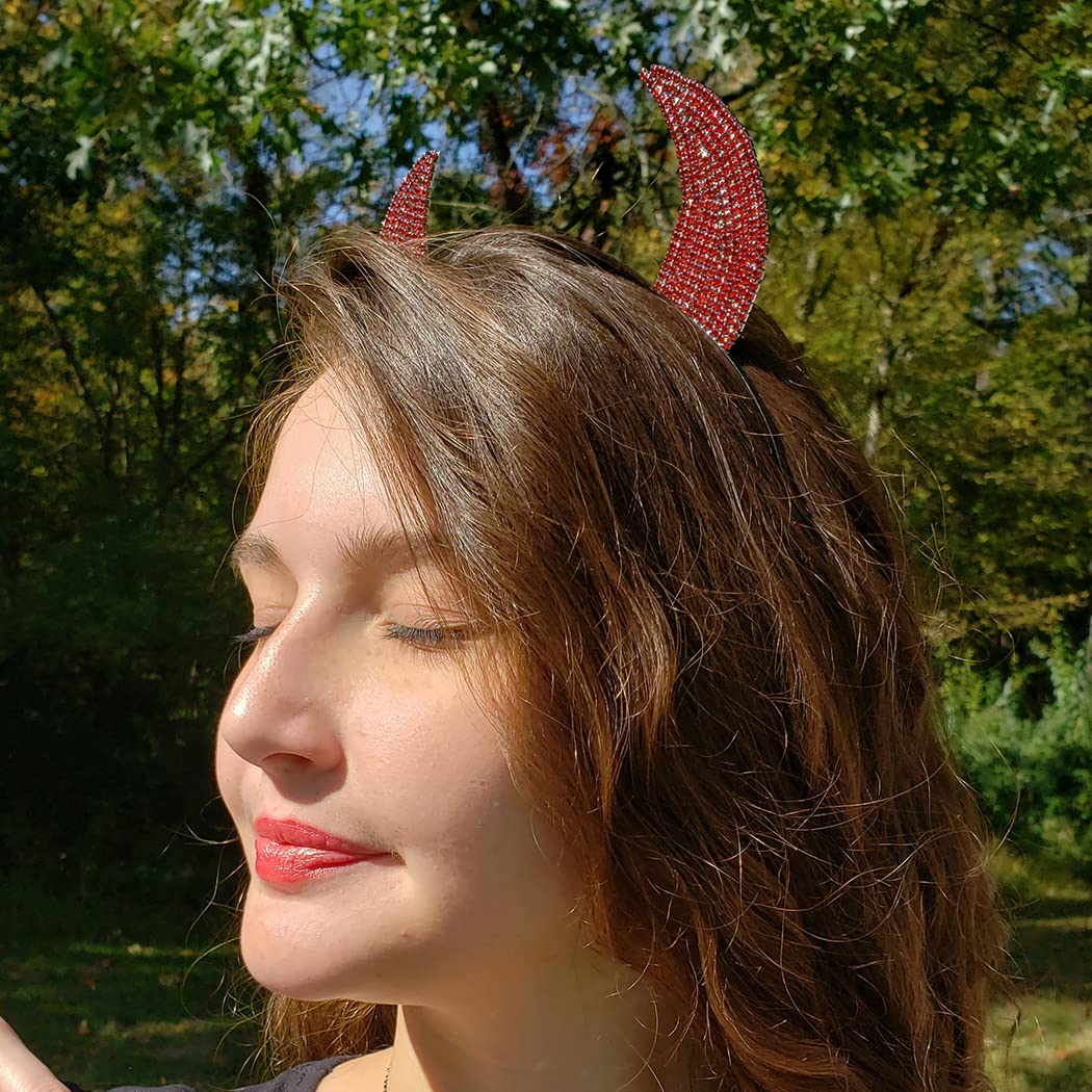 Rosemarie Collections Halloween Costume Devil Horns Headband (Plain Red Crystal Hematite Tone)