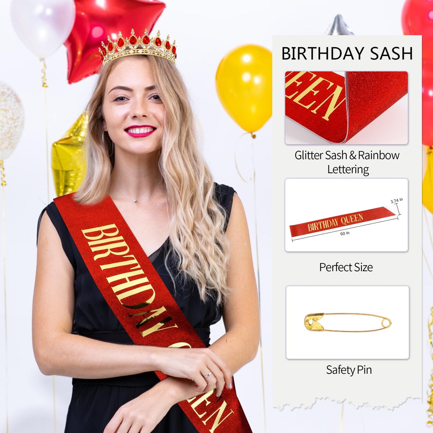 Vovii Birthday Crown & Sash Set for Women, Red Tiara & Birthday Queen Sash for Women Birthday Decorations, Happy Birthday Party Decorations for Birthday Crown Adult Woman