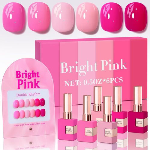 Double Rhythm Gel Polish Set - 6 Pcs 15 ML Soak Off Kit for Nail Art | Bright Neon Light Pink & Purple
