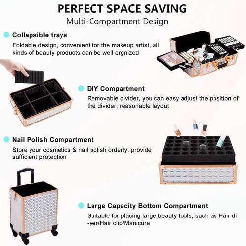 AROUS 5 in 1 Professional Makeup Train Case Aluminum Cosmetic Case Rolling Makeup Case Extra Large Trolley Makeup Travel Organizer, with 360° Swivel Wheels, White and Gold, JG0001
