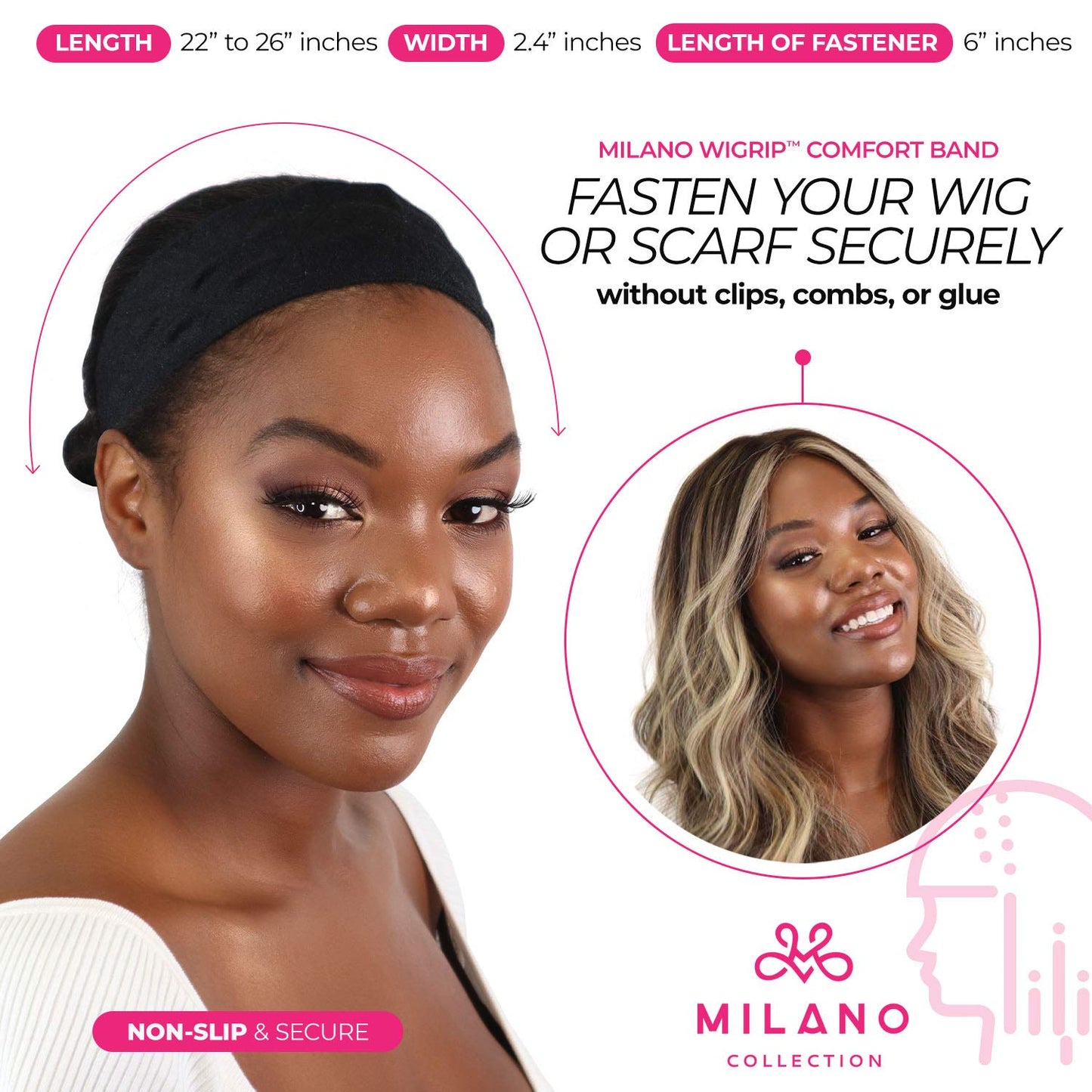 MILANO COLLECTION WiGrip, The Original Comfort Grip Band, Adjustable Wig Band for Tension-Free Glueless Wig, Nonslip Wig Headband, Tension-Free, One Size Fits All, Black, 2 Pack