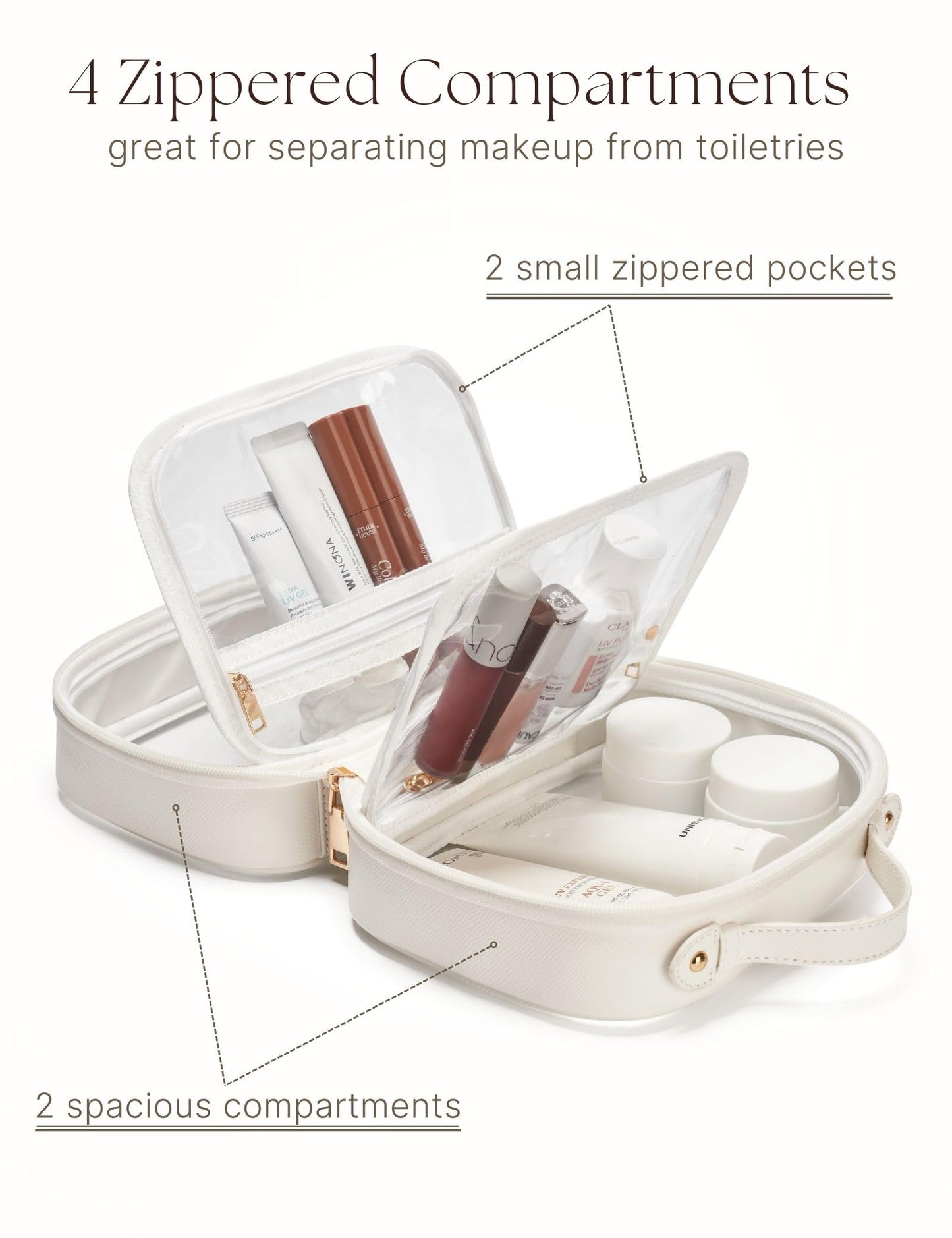 Oaque Clear Cosmetic Bag Double Layer Travel Toiletry Bag White Makeup Bag Case with 4 Compartments, Transparent Travel Bag for Toiletries, TSA Approved Toiletry Case for Women (White)