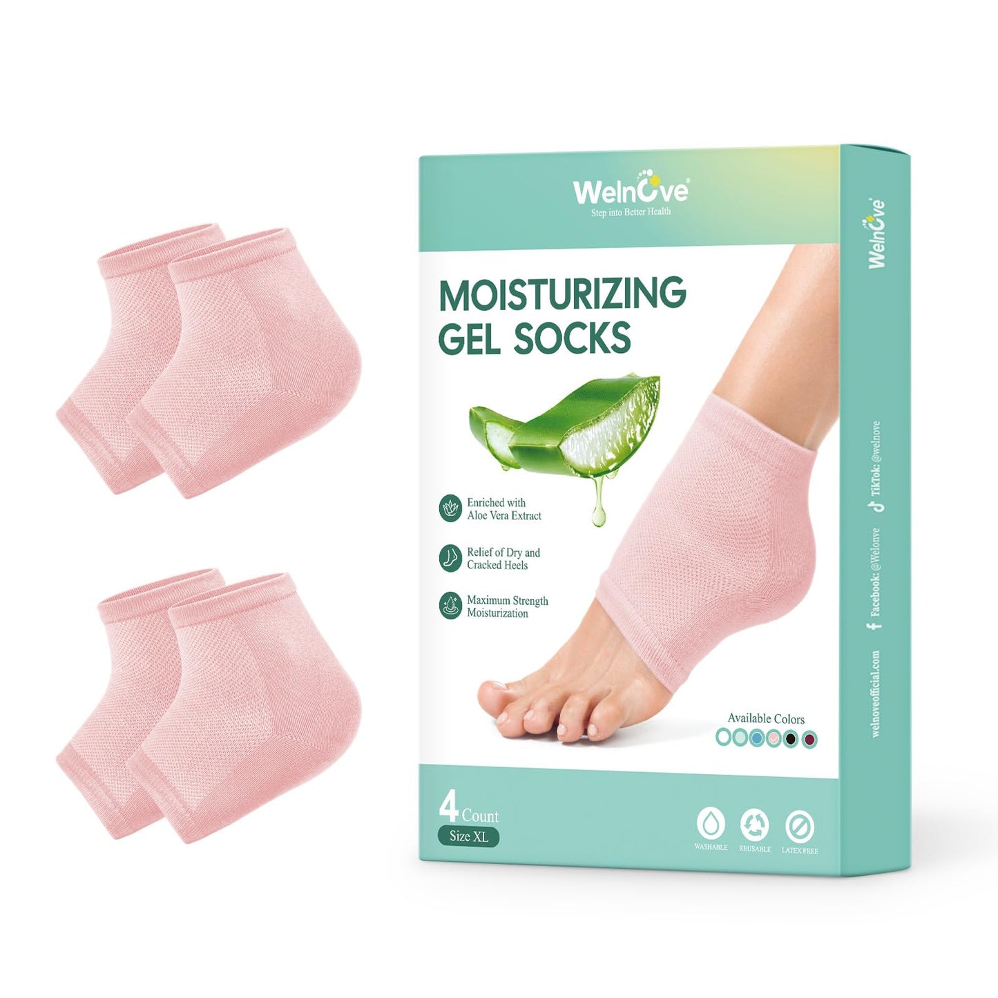 Welnove Moisturizing Heel Socks - 2 Pairs Aloe Vera Extract Infused Gel Lining for Dry Feet - Cracked Heel Repair Treatment - Cotton Socks for Women Men Foot Care (Pink, Extra Large)