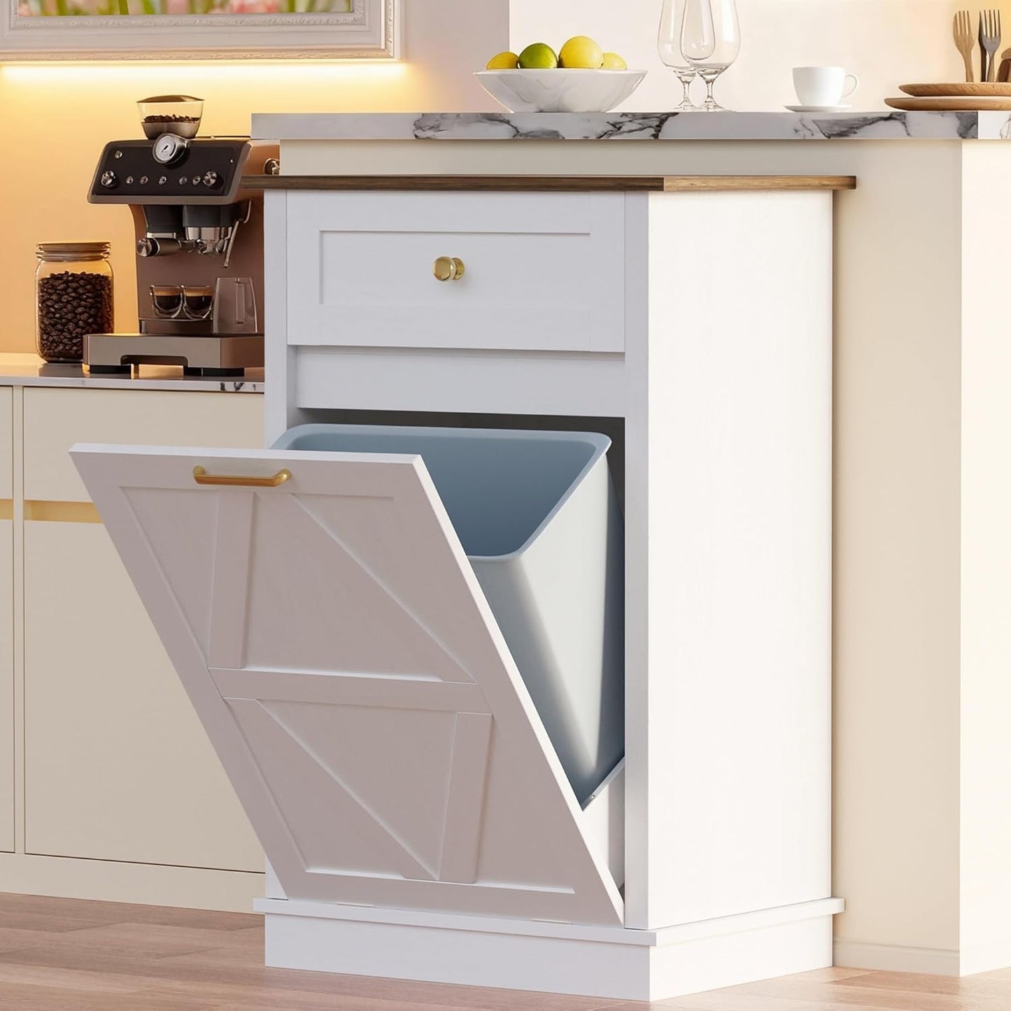 YESHOMY Tilt-Out Trash Cabinet - 10 Gallon Hidden Wooden Bin for Kitchen & Dining Room - White Finish