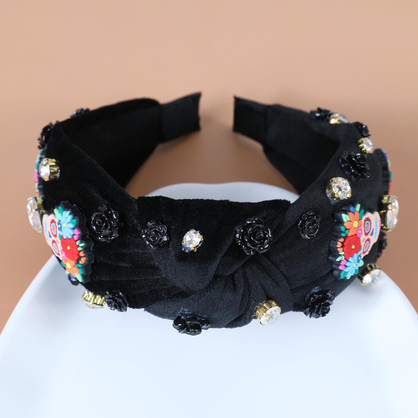 Gmmidea Halloween Skull Headband for Women Black Knotted Velvet Headband Wide Top Knot Crystal Rose Flower Embellished Hairband Halloween Hair Accessories Spooky Costume Gifts