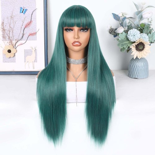 WIGER Long Green Wigs with Bangs Straight Dark Green Hair Wig for Women Long Bangs wig Full Green Cosplay Wig for Girls Synthetic Natural Hair for Daily or Costumes (Green with Bangs)