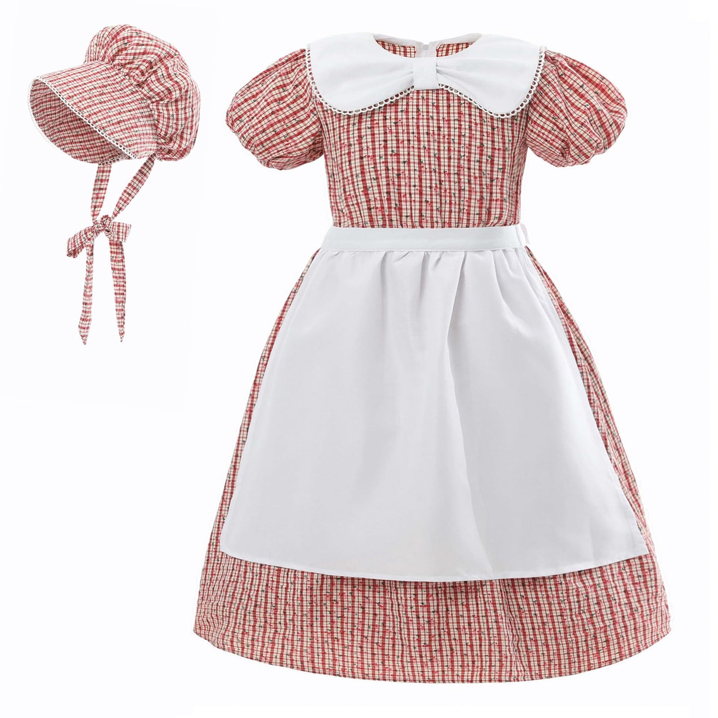 LTAKK Prairie Dresses Girls Pioneer Colonial Costume Girl Pilgrim Dress with Apron and Bonnet, Red Plaid Floral, XXL