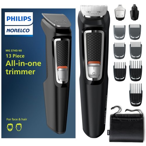 Philips Norelco Multi Groomer - 13-Piece Men's Grooming Kit | Beard, Face, Nose & Ear Hair Trimmer - No Blade Oil Needed, MG3740/40