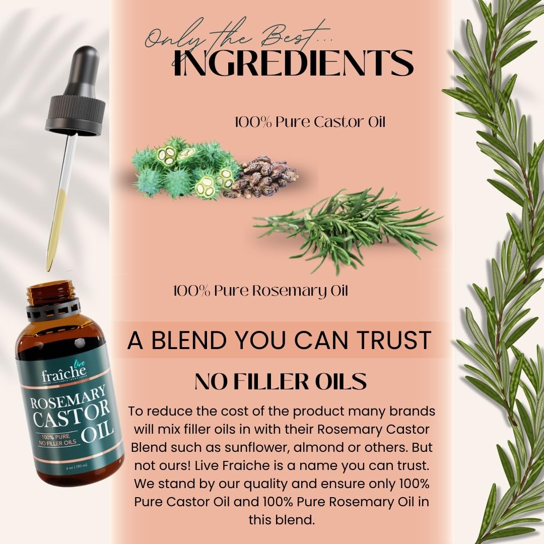 Live Fraiche Rosemary Castor Oil for Hair Growth 16oz - Rosemary Oil for Hair Growth and Thickening Pure Blend to Reduce Loss and Promote a Healthy Scalp