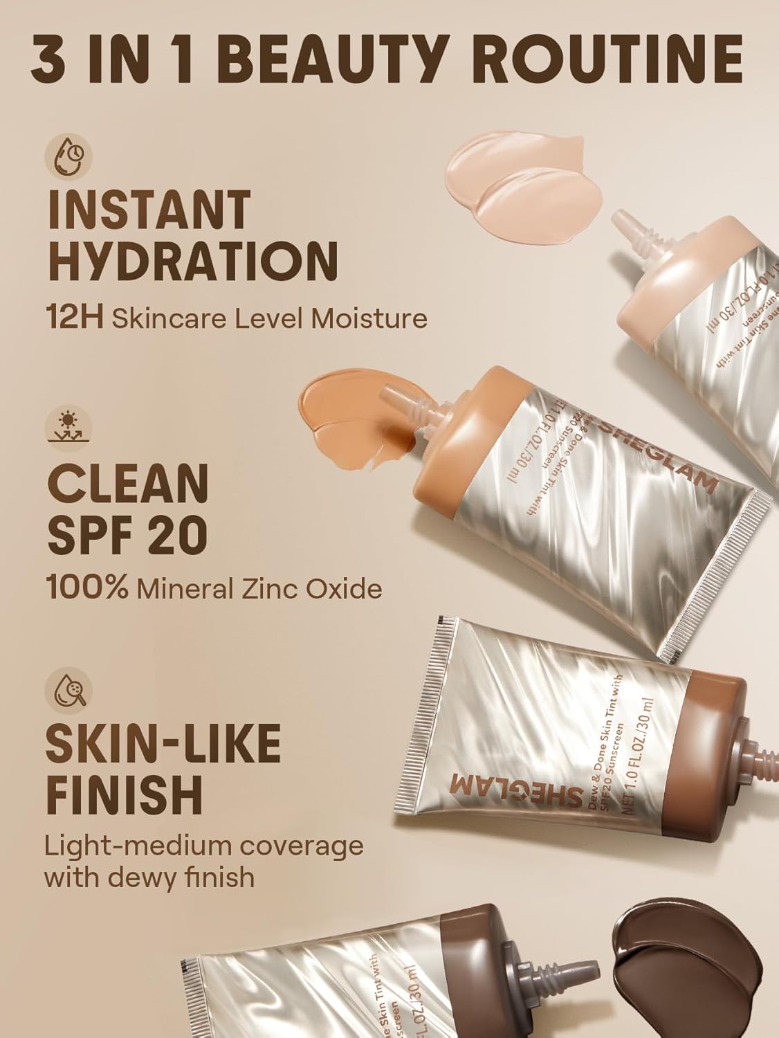 SheGlam Dew & Done Skin Tint - SPF 20 Light-Medium Coverage Foundation for Even Skin Tone | Bamboo