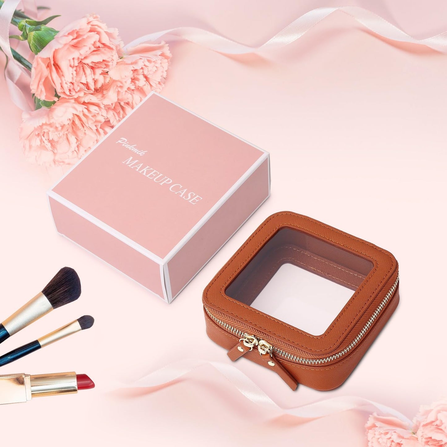 Pinkmik Small Makeup Bag Clear Mini Cosmetic Makeup Case & Toiletry Bag with Zipper Women's Purse Organizer & Car Essentials (X/Brown, MINI-1)