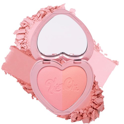 KimChiChic Beauty Blush Duo - Heart-Shaped Compact with Mirror, Buildable Silky Matte & Shimmer Finish, Pinky