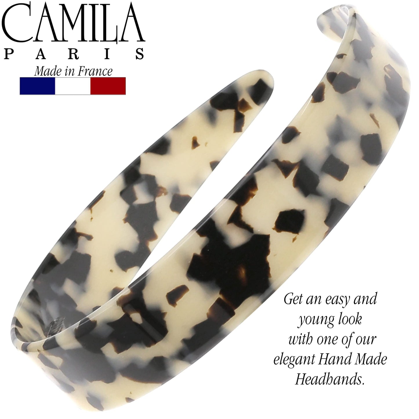 Camila Paris CP3464 French Headband for Women, Handmade White Tokyo, Strong Hold Grip Women's Hair Band, Ligth and Very Flexible, No Slip and Durable Styling Girls Hair Accessories, Made in France