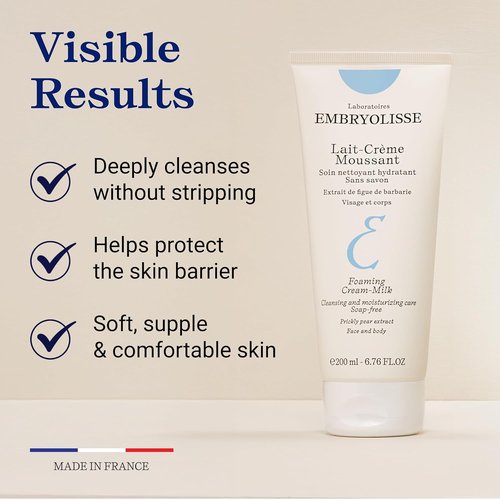 Embryolisse Foaming Cream Milk - Hydrating Soap-Free Cleanser for Face & Body | Vegan, 6.76 Fl Oz