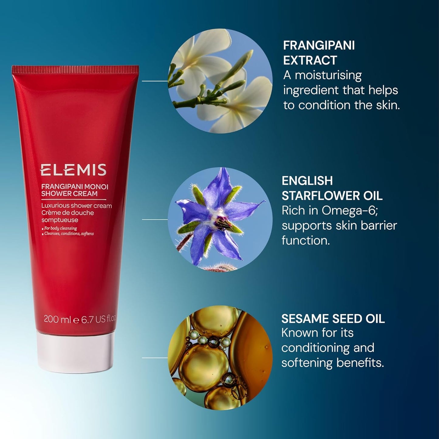 ELEMIS Frangipani Monoi Shower Cream - Luxurious Hydration for Soft Skin | 6.7 Fl Oz