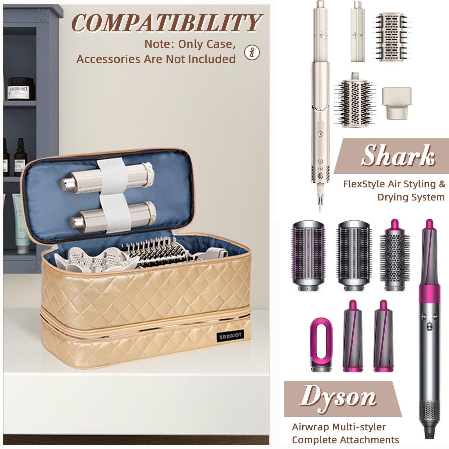 ZRRAJOY Double Layer Storage Case For Shark Flexstyle, Travel Carrying Case For Shark 430/440 Flexstyle, Organizer Bag For Shark Flexstyle/Dyson Airwrap Styler Attachments (Gold)