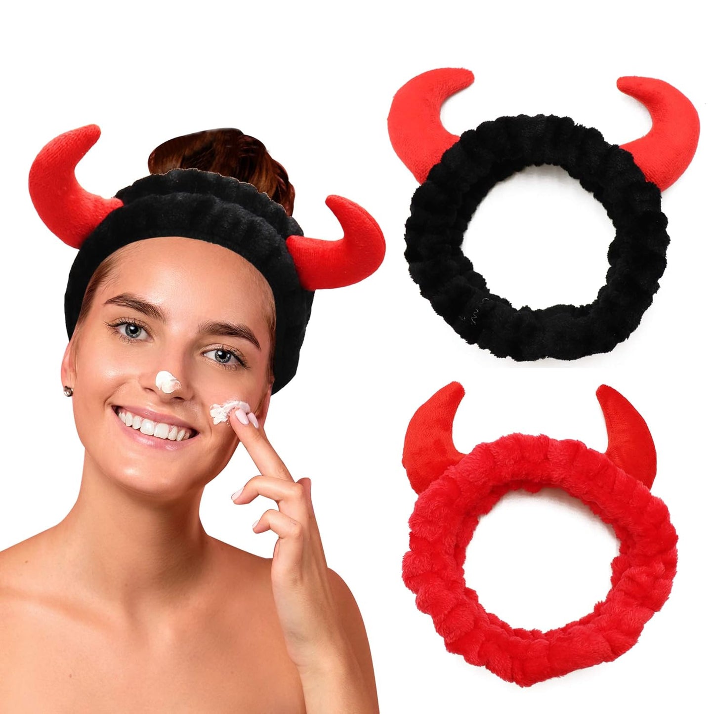 Skiennix Women’s Facial Spa Headband - Devil Horn Coral Fleece for Makeup & Skincare | 2 Pack