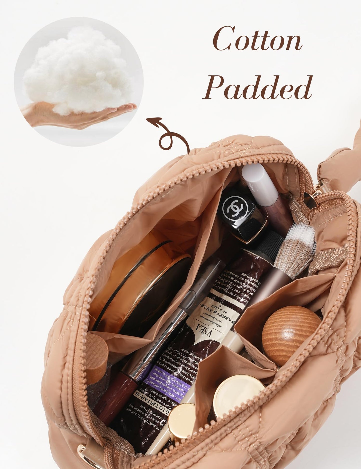 Yarnic Quilted Makeup Bag Cosmetic Bag, Travel Toiletry Bag for Women, Cute Makeup Bag Organizer Puffer Makeup Pouch (M, Khaki)