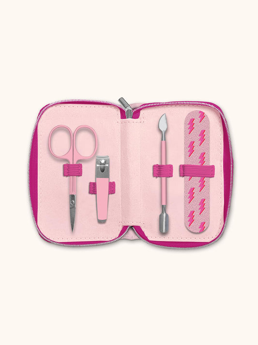 Studio Oh! Manicure Set - 5-piece Nail Grooming Set with File, Scissors, Clippers & Cuticle Pusher - Zippered Travel Kit for Home & Office - Charged Up