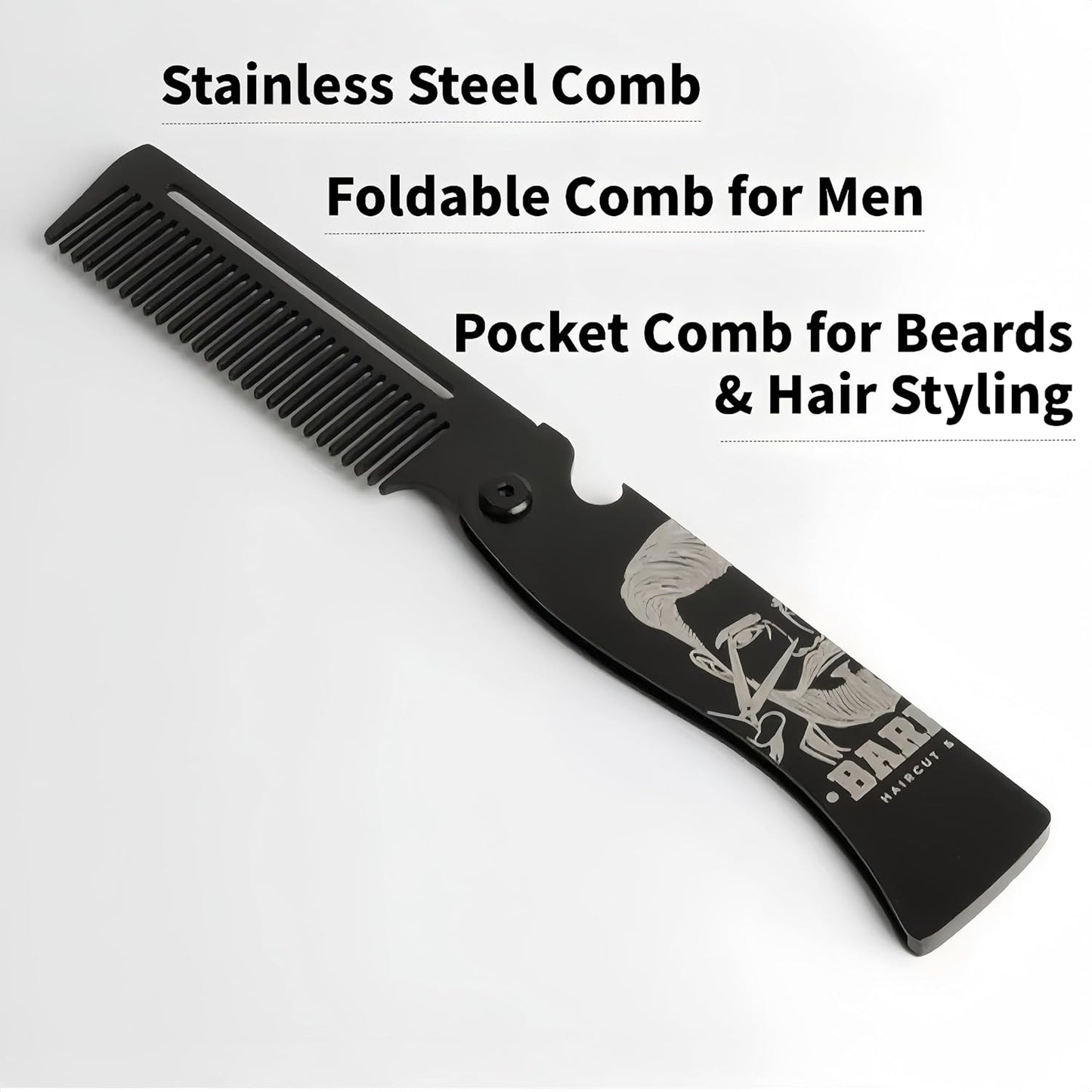 Skiennix Men's Metal Folding Pocket Beard & Mustache Comb - EDC Knife Comb with Bottle Opener | Anti-Static for Stylish Haircuts - Black