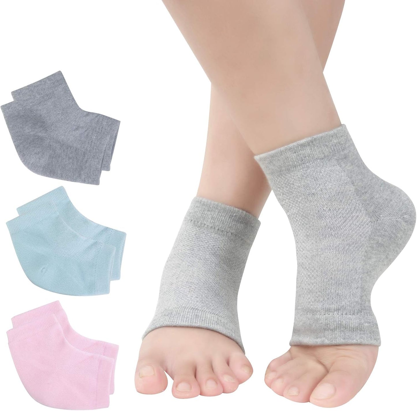 Skiennix Vented Moisturizing Gel Heel Socks - 3 Pairs Toeless Spa Socks for Cracked Heels & Dry Feet | Gray, Green, Pink