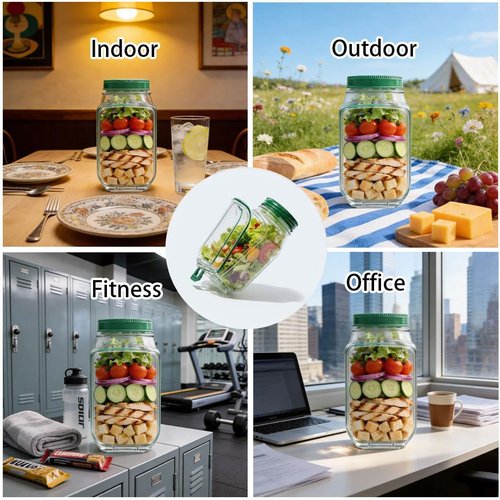 Portable Salad Jar by [Brand Name] - Leakproof Dressing Container & Removable Lid Bowl | Food Grade, Reusable, Freezer & Dishwasher Safe