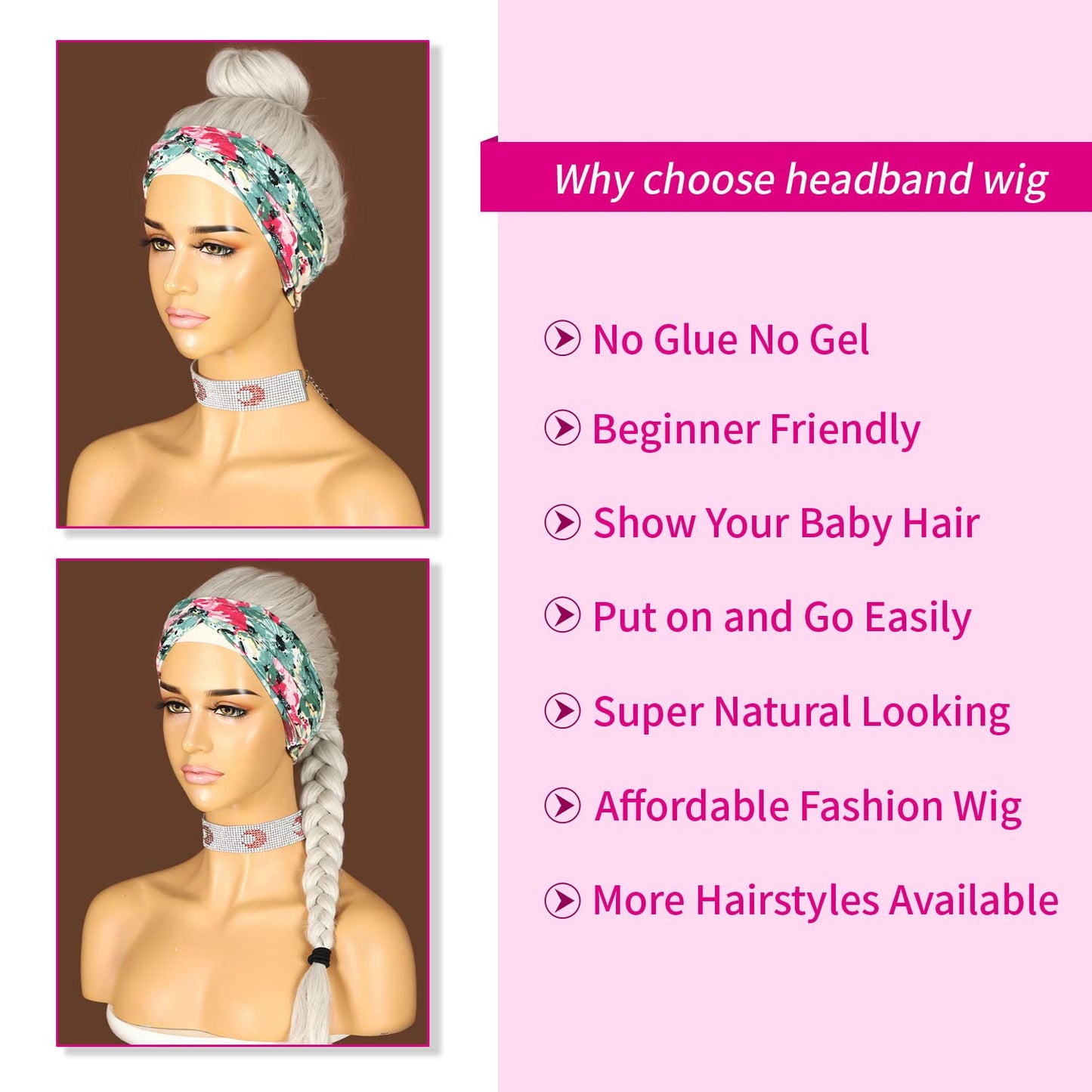 SAPPHIREWIGS Glueless Headband Wig Loose Body Wavy Synthetic Hair Wigs for Black Women Wave None Lace Front Wigs Gray Silvery White Color Machine Made Wigs 26inch 150% Density