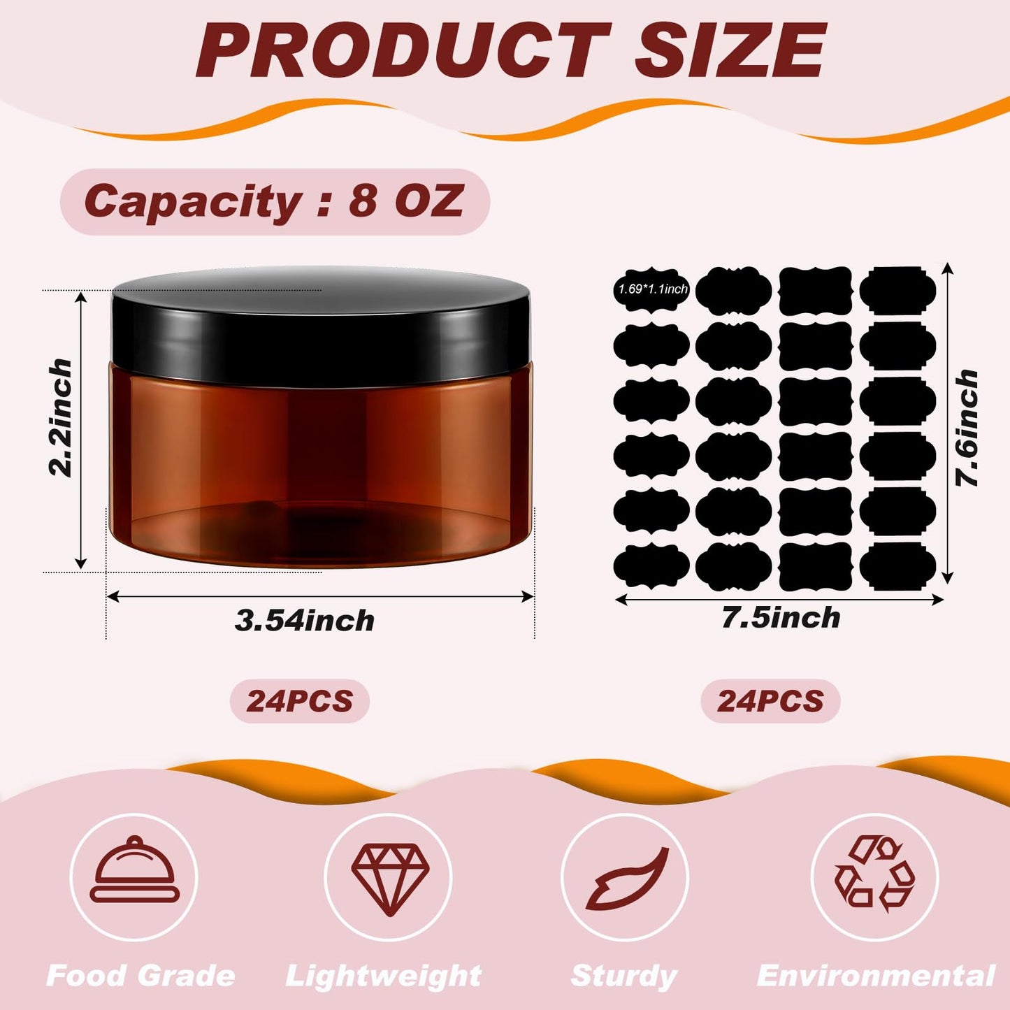 Dandat 24 Pcs 8 oz Plastic Jars with Lid and Label PET Cosmetic Containers Leak Proof Empty Cosmetic Jars Refillable Storage Travel Containers for Lotion Cream Gel Powder(Amber)