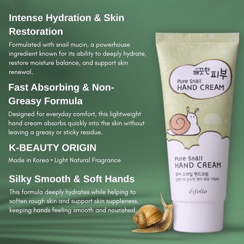 Esfolio Pure Skin Snail Hand Cream - Deep Moisturizing & Restoring Lotion with Snail Mucin | Non-Greasy, Fast Absorbing (3.38 OZ/100ML)