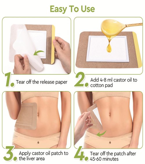 STFOCE 20pcs Castor Oil Pack Wrap, Portable Self-Adhesive, Disposable Castor Oil Pack Organic Cotton for Stomach, Liver, Belly & Entire Body, No Leaks, No Irritation, Stick Overnight (Kahaki)