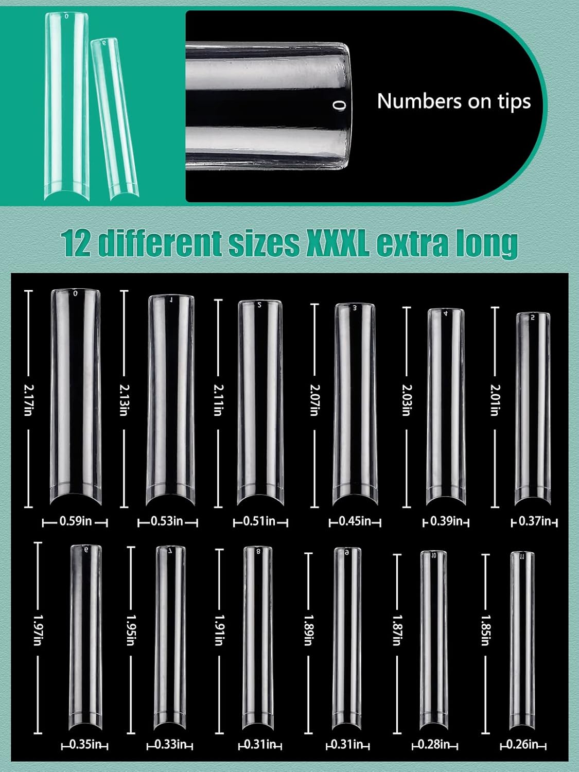Skiennix 504 PCS No C Curve Clear Nail Tips - 3XL Extra Long Half Cover Tapered Square for DIY & Salons